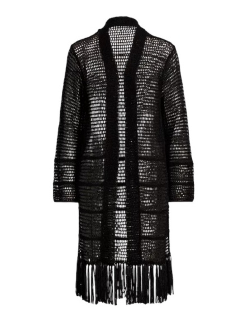 🆕 Ralph Lauren Black Label Resort Black Open-Knit Long Cardigan with Fringe Sz S